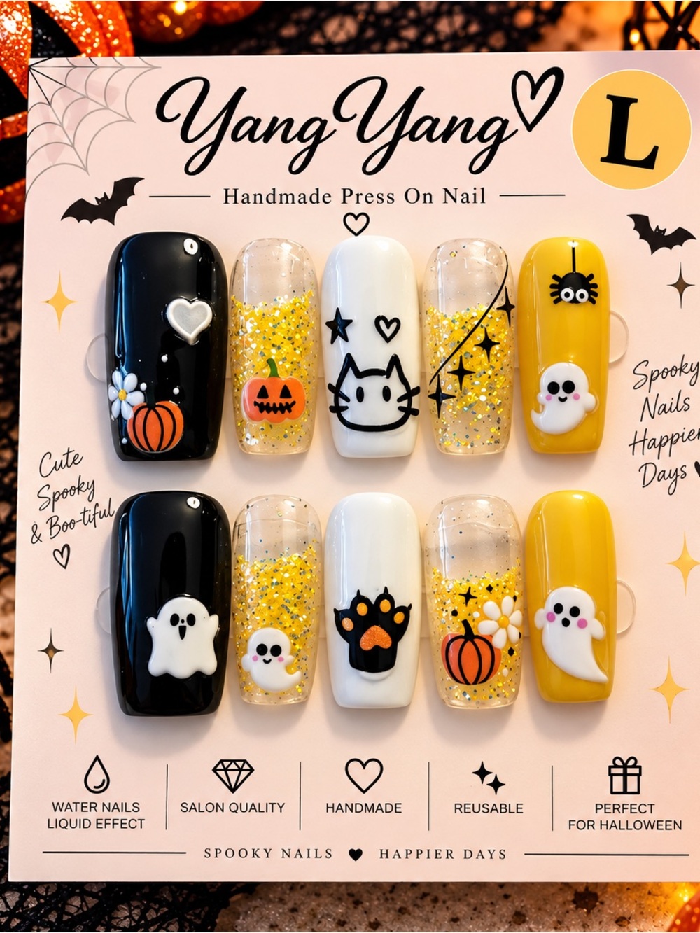🎃💛 Halloween Water Effect Press-On Nails – Size Large